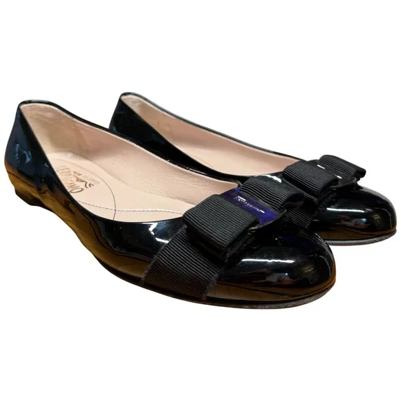 SALVATORE FERRAGAMO Varina Women Size 6B Black Leather Patent Ballet Flats Italy - Picture 3 of 15